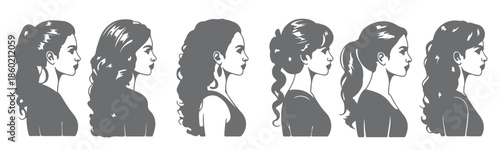  six gray female silhouette portraits profile views various 