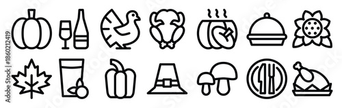  thanksgiving line icons including bottle roast chiken