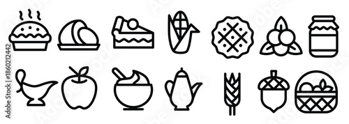 thanksgiving line icons including jam pie pie cranberry