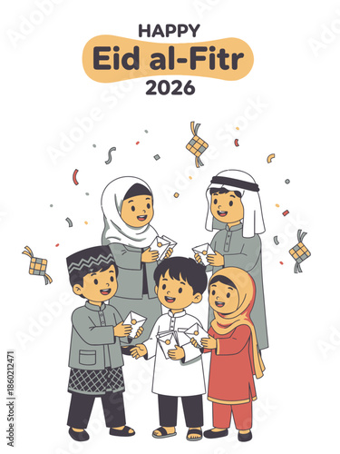 Happy Eid al-Fitr Celebration with Children Exchanging Gifts.