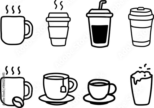 Hand drawn coffee and drinks icon set. Vector doodle collection of tea cups, mugs, takeaway paper cups and cold beverages isolated 