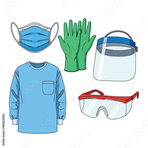 Array of protective medical PPE including mask, gloves, face shield, goggles and gown.