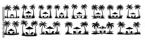 Tropical beach palm trees and lounge chairs silhouettes