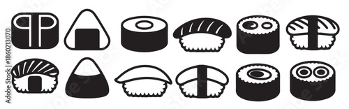  twelve black and white silhouette icons of various sushi