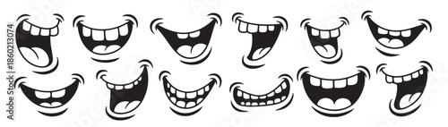  twelve black and white cartoon mouth silhouettes displaying