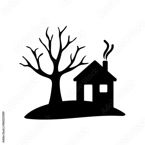 Silhouette of a House with a Chimney and a Bare Tree on a Hill