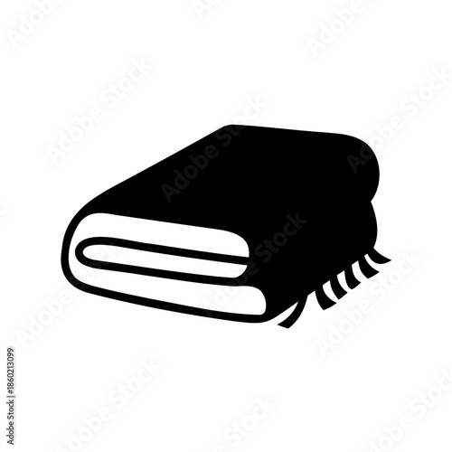 Black and white illustration of a folded blanket with fringe detail