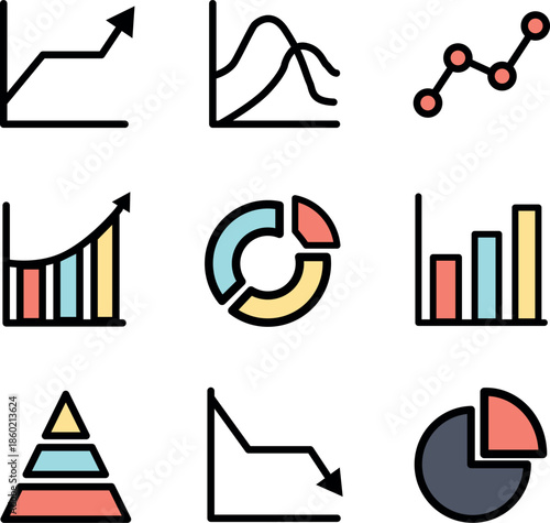 Set of Business Graph and Data Analytics Icons. Financial Growth, Chart, and Statistics Symbols.
