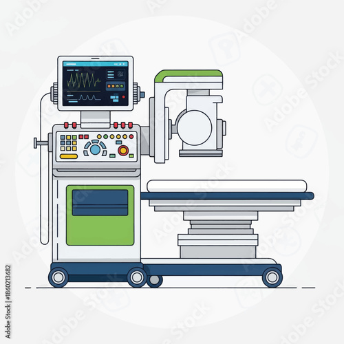 Medical imaging machine on hospital wheeled patient table with monitors and control console.