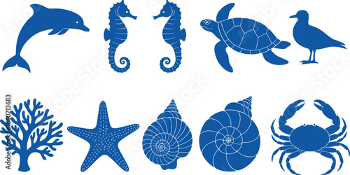 Large collection of blue marine life silhouettes featuring dolphin seahorse sea turtle seagull coral starfish sea shells and crab isolated on white background.