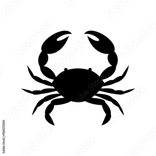 A simple black silhouette illustration of a crab on a white background