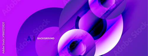 Abstract purple design. Overlapping circles create dynamic, modern visual. Gradient shades offer depth, texture. Background suitable for digital projects.