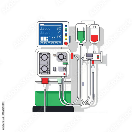 Medical Dialysis Machine With Tubing and Dialyzer Setup in Clinic Environment.