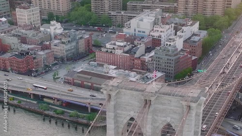 New York aerial view with Brooklyn Bridge and city buildings in view