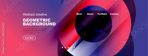 Modern website header design. Gradient colors, geometric shapes, text elements present. Clean layout for digital interface.