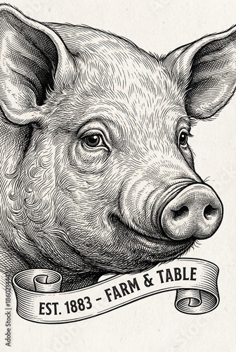 Wallpaper Mural Engraved vintage artwork of a pig celebrating farm-to-table traditions since 1883 Torontodigital.ca