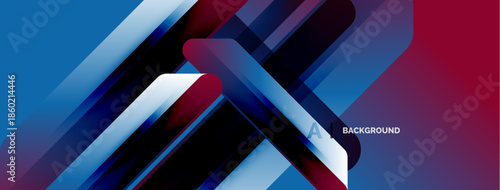 Abstract geometric design. Overlapping layers create dynamic visual effect. Blue, purple, red hues dominate composition. Modern aesthetic.