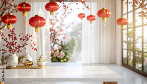 Chinese New Year Background Mockup with Red and Gold Festive Decor