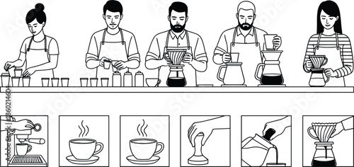 Professional barista team set and coffee brewing process icons in minimalist black and white line art vector for cafe menus and coffee shops.
