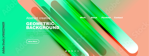 Abstract geometric background. Vibrant green, turquoise hues dominate design. Text elements present, navigation visible. Modern aesthetic.