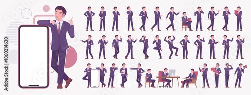Stylish asian businessman in formal suit character set, male top manager elegant office interview outfit business look, mens fashion, confident poses, elegant wear bundle. Vector illustration