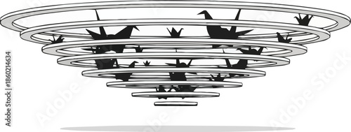 同心円状の螺旋状に飛ぶ日本の折り鶴、抽象的な紙の鳥の渦巻きのベクターイラスト