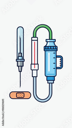 Medical syringes and infusion setup with tubing and vial device showcasing clinical injection equipment.