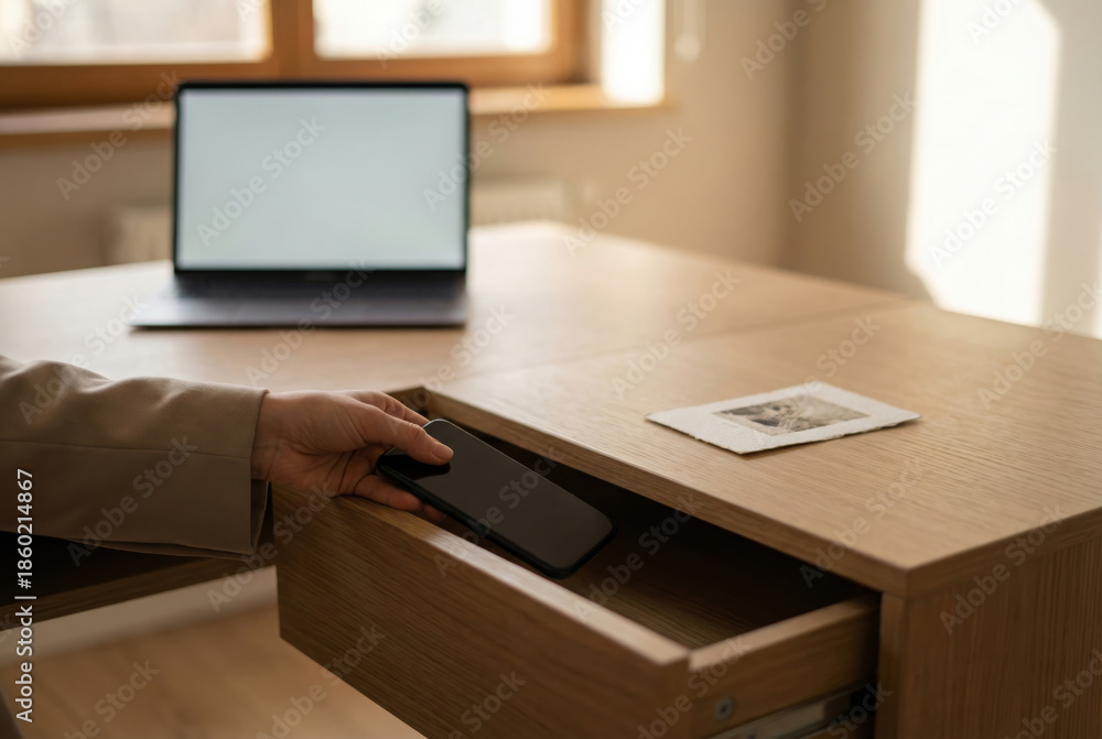 Naklejka premium Hand storing smartphone in office desk drawer
