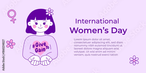 International Women's Day banner, poster template. #Give to gain 2026 campaign. Vector illustration