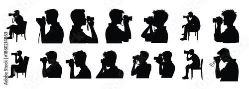 Multiple male photographer silhouettes with cameras