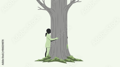 大きな木の幹を抱きしめる人、自然とのつながり、環境保護、屋外の森の風景、環境に優しいライフスタイル