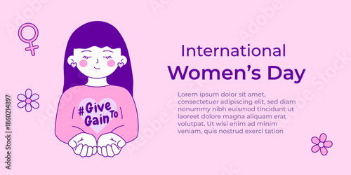 International Women's Day banner, poster template. #Give to gain 2026 campaign. Vector illustration