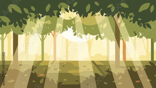 濃い緑の森の樹冠を通して差し込む太陽の光、夏の森の木々を通して差し込む太陽の光、自然の森林浴の風景