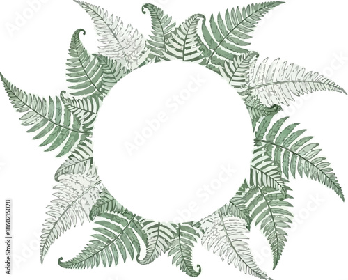 植物のシダの葉の円形フレームの境界線、緑の線画のイラスト、装飾的な自然の花輪、招待状、グリーティングカード、結婚式の文房具の花のデザイン