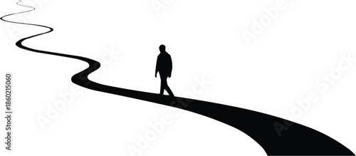 長く曲がりくねった道を歩く男性のシルエット、人生の旅のコンセプト、将来の道のイラスト、抽象的な人物のベクター、キャリアまたは個人の成長の表現