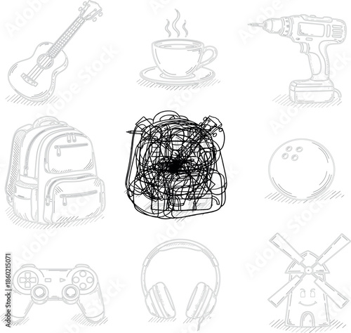 Professional barista team set and coffee brewing process icons in minimalist black and white line art vector for cafe menus and coffee shops.