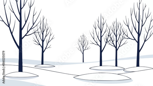 裸の木と雪の丘のある冬の風景、ミニマリストのベクターイラスト、静かな雪の森、冬の風景の背景、シンプルな自然のデザイン、寒い季節のベクター