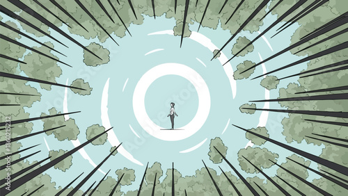 森林浴のシーン、抽象的な木々に囲まれた人物の俯瞰、ウェルネス自然体験、森での瞑想のベクターイラスト