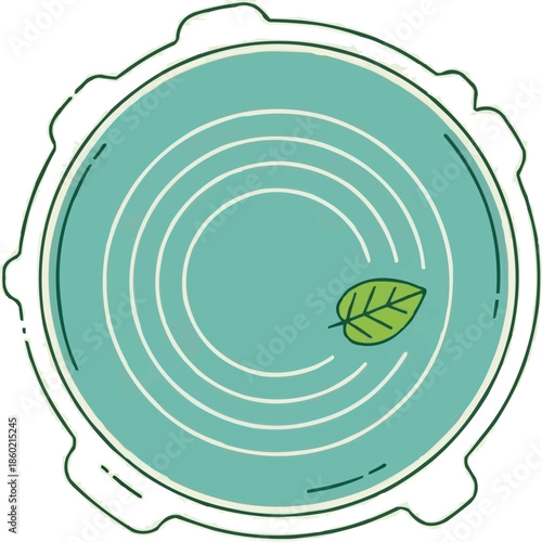 一枚の緑の葉を配したミニマルな水の波紋、禅のマインドフルネス