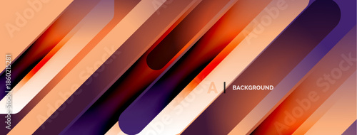 Abstract design features layered orange, purple stripes. Dynamic composition creates modern visual effect. Smooth gradients add depth.