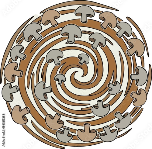 椎茸とマッシュルームをあしらった、様式化されたきのこの螺旋状の構図、自然と料理のイラスト、有機植物のデザイン、食品ベクターアート