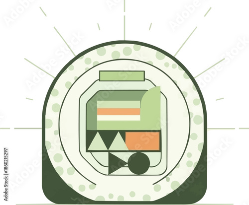 様式化された山と円形の要素を持つ抽象的な幾何学的な禅のシンボル、モダンな日本のデザイン、ミニマルなベクターイラスト、精神的および瞑想的なアート