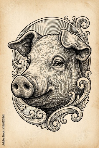 Wallpaper Mural Engraved pig portrait showcasing vintage craftsmanship and intricate detailing in a timeless design Torontodigital.ca