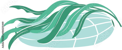 様式化された青い波の背景に日本の海藻昆布のイラスト、海藻ベクター、伝統的な日本食のデザイン