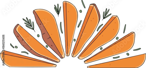 ローズマリーハーブでローストしたサツマイモのウェッジ、焼きヤムイモのスライスのイラスト、ヘルシーな野菜スナック