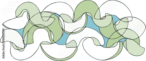 抽象的な絡み合った曲線形状のベクトル、緑と白のミニマリストの幾何学的な波パターン、モダンな流れるような線のイラスト