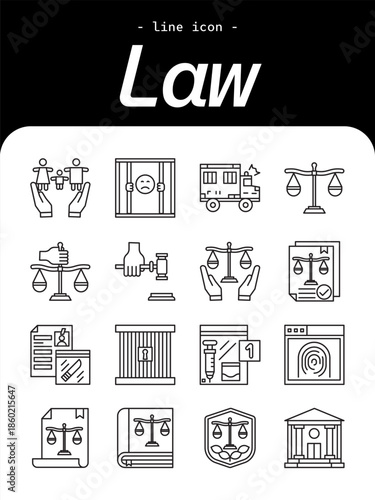 Law thin line icon set. Justice, legal system, court and regulation outline icons.