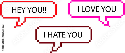 Retro pixel art speech bubbles conveying diverse emotions through digital messages attention, affection, and aversion, perfect for vintage-themed communication designs and nostalgic graphic projects