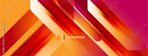 Abstract design features vibrant orange, red gradients. Diagonal lines create dynamic, modern visual effect. Smooth transitions, glossy finish.