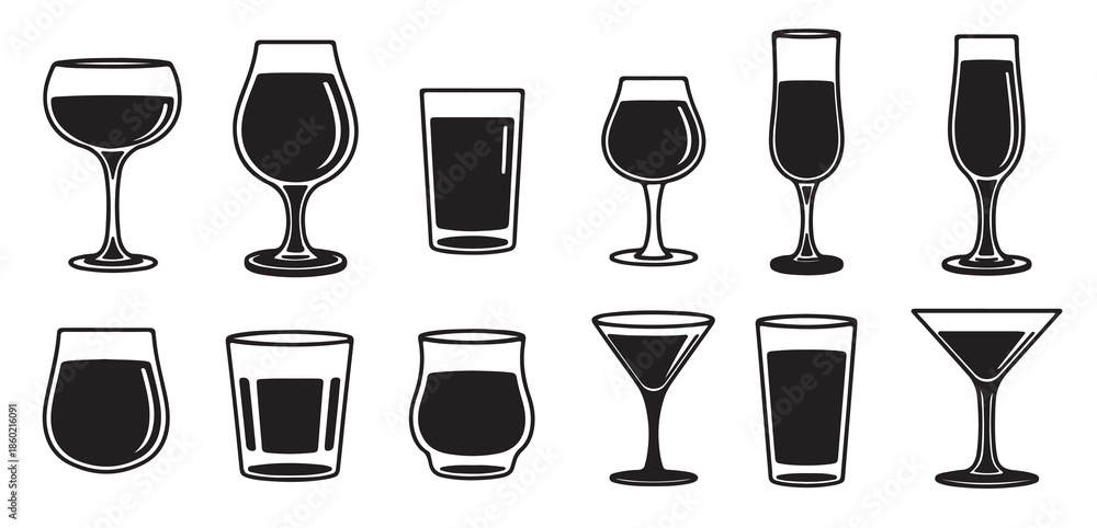 Ταπετσαρία twelve black silhouette drinkware icons set wine glasses